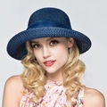 Women's dark blue woven straw sun hat with decorative satin ribbon band for summer - One Size / Blue