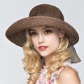 Women's dark brown foldable straw sun hat with wide brim and elegant ribbon detail - One Size / Dark Coffee