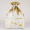 White and gold Christmas drawstring gift bag featuring reindeer and snowflake patterns - Elk Gold / 39*51cm