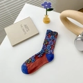 Floral embroidered vintage crew socks in brick red and navy blue contrast stitching - One Size / Navy Blue