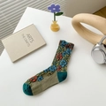 Vintage floral crew socks in sage green with colorful 3D embroidery and contrast toe - One Size / Army Green
