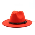 Dettaglio cappello fedora rosso in lana con nastro leopardato e tesa larga - M (56-58cm) / Rosso Arancio