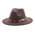 Brown wool fedora hat with leopard print band and metal buckle for men and women - M(56-58cm) / Coffee
