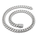 Collar de cadena cubana plateada de acero con cierre cuadrado de diamantes incrustados - Collar / 10 mm de ancho / 45 cm de largo / Color Acero