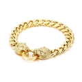 Pulsera cubana para hombre de acero inoxidable dorado con cierre de doble cabeza de león - Dorado