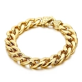 Pulsera cubana dorada de acero inoxidable con cierre decorado sobre un fondo blanco limpio - Eslabón Cubano (KB139255-Z) / Pulsera de Oro