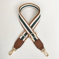 Detail of adjustable colorful striped canvas strap with brown leather and gold hooks - Gold Hardware / Brown + Brown Leather