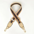 Detail of adjustable striped woven strap with beige leather ends and gold metal hooks - Khaki + Khaki Leather