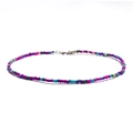Detail of bohemian colorful seed bead choker necklace with silver lobster clasp closure - Purple/Dark Blue/Sky Blue Mix