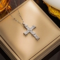 Punk style cross pendant necklace in silver finish with pavé set zircon stones - 8847 Steel Cross Chanel Style