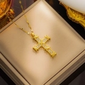 Elegant gold titanium steel cross necklace with sparkling white zircon inlays for women - 8847 Gold Cross Chanel Style