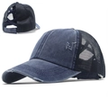 Berretto da baseball lavato blu-grigio con rete e apertura elastica incrociata per coda di cavallo - Blu navy