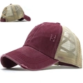 Distressed ponytail baseball cap in burgundy with mesh back and cross strap design - Adjustable / Burgundy