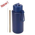 Botella deportiva de 1L azul marino mate con pajita de metal dorada y cepillo de limpieza - 1 l / Tapa con Pajita Pop-up / Azul Índigo