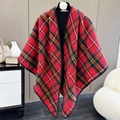 Cozy autumn red and black plaid poncho wrap with fringes and soft knit texture - Scottish Plaid