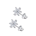Detailed view of silver flower stud earrings with marquise zircon and screw backs - White Marquise Flower