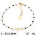 Golden stainless steel bracelet with dark blue beads and a flat cross pendant design - Gold Black