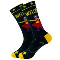 Detail of knitted mid-calf socks featuring colorful circus clown and yellow stars pattern - Size 38-45 / Clown