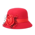 Elegant red wool felt pillbox hat for women featuring a large fabric rose and mesh veil - One Size / Red