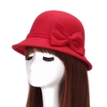 Elegant red wool cloche hat with a large double bow decoration for women - Red