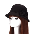 Elegant black wool cloche hat for women featuring a stylish double-layer side bow decoration - Black