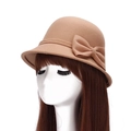 Camel vintage wool felt cloche hat with a stylish double bow decoration for women - Camel