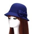 Elegant navy blue wool cloche hat with a double bow detail for women in winter - Royal Blue