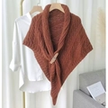Caramel knitted triangle shawl cardigan with retro leather buckle and twist pattern - Brick Red