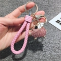 Pink crystal flying pig keychain with leather strap and golden metal ring - Pink Pig + Braided Cord / Pink