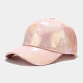 Close-up of pink iridescent PU baseball cap showing metallic crinkle texture and visor - Light Pink (Laser Style)
