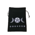 Detailed view of black velvet tarot pouch with white Triple Moon and pentagram printing - Triple Moon/Black