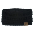 Detailed texture of black knit winter headband featuring a leather MOK logo patch - Black