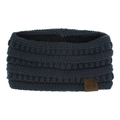 Detail of dark gray fleece-lined knit headband with MOK brown leather label - Dark Gray
