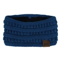Detail of blue knit headband with MOK leather patch and warm black fleece lining - Aqua Blue