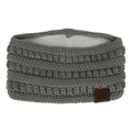 Detailed view of grey knitted headband featuring soft fleece lining and MOK leather tag - Light Gray
