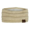 Detail of beige fleece-lined knit headband with soft plush lining and MOK leather tag - Beige