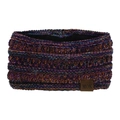 Close-up of knit headband with warm fleece lining and leather logo tag detailing - Orange Purple Black