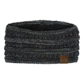 Detail of dark grey ribbed knit headband with MOK leather patch and warm fleece lining - Deep Grey Marl