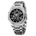 Detailed close-up of a silver skeleton mechanical watch with an octagonal bezel design - Silver Case Black Dial