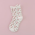 White cotton crew socks with small red floral pattern and cute scalloped ruffled edges - Rolled Edge/Jacquard / Small Floral/White