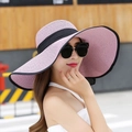Cappello da sole in paglia rosa a tesa larga con nastro nero per donna in spiaggia - M (56-58cm) / Viola con bordo nero