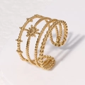 Goldener offener Ring aus Titanstahl mit mehrlagiger Perlentextur und Sonnenmotiv - Verstellbar / Gold