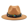 Camel wool fedora hat with turquoise beads and bohemian ethnic tassels on wide band - M (56-58cm) / Camel