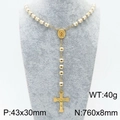 Collar rosario de 8mm en acero dorado con cuentas blancas y colgante de cruz - Blanco
