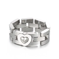 Silver stainless steel heart ring with watch strap chain design and centered crystal - US 9 / Heart Chain (KR105157-KFC) / Silver