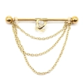 Gold industrial barbell with three layered chains and sparkling clear zircon stone - Triple Chain Heart Zirconia Style / Gold