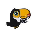 Cartoon toucan enamel pin badge with 'TOU-CAN DO IT' motivational text on white background - Tou-can Do It