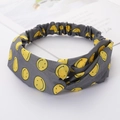 Grey elastic crossover headband with yellow smiley face pattern for women - Grey Smiley