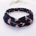 Dark blue twisted headband with pink flamingo and white line patterns on white background - Navy Flamingo