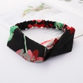 Crossed hairband with green and red floral pattern on soft black fabric base - Style 51 Black Red/Green Flower
